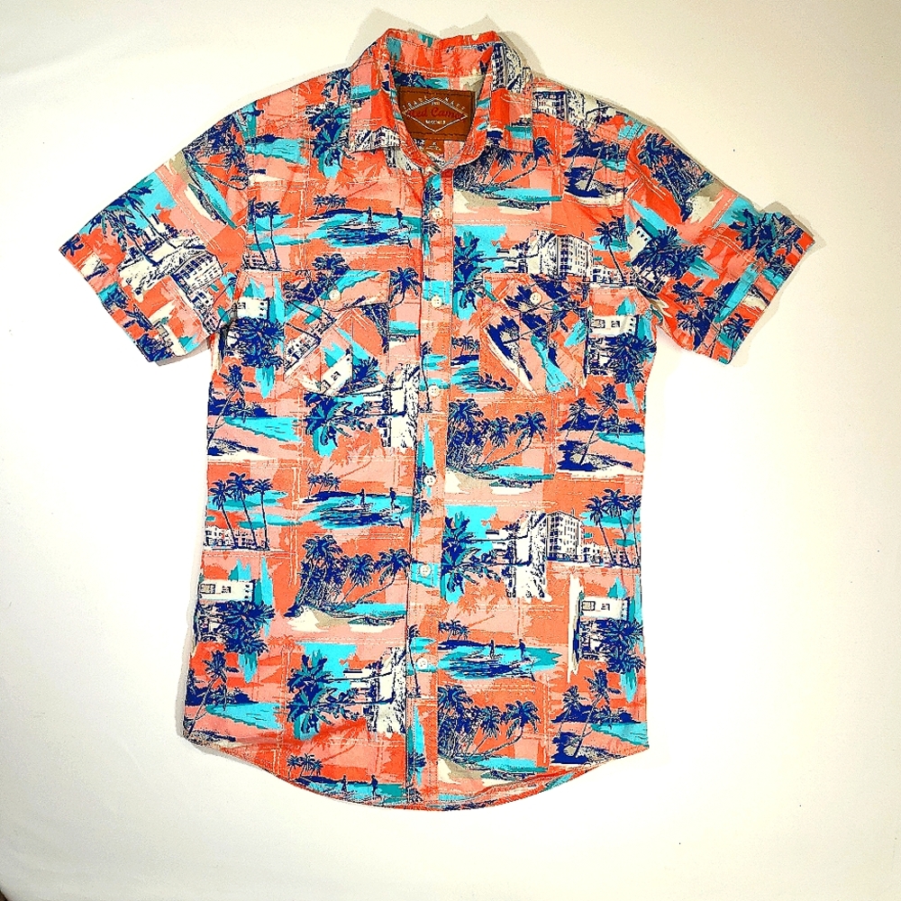 Red Camel Men's Short Sleeve Pink Blue Tropical Shirt Size Small
